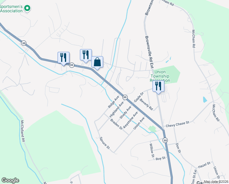 map of restaurants, bars, coffee shops, grocery stores, and more near 32 Circle Drive in Finleyville