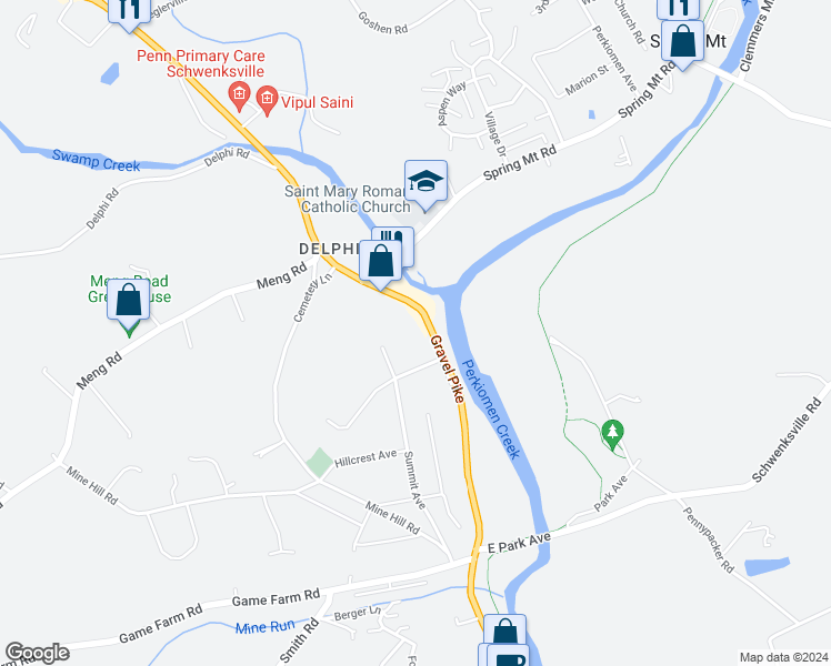 map of restaurants, bars, coffee shops, grocery stores, and more near 1011 Main Street in Schwenksville