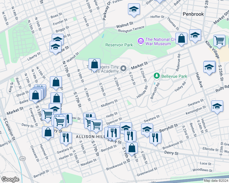 map of restaurants, bars, coffee shops, grocery stores, and more near 1942 Bellevue Road in Harrisburg