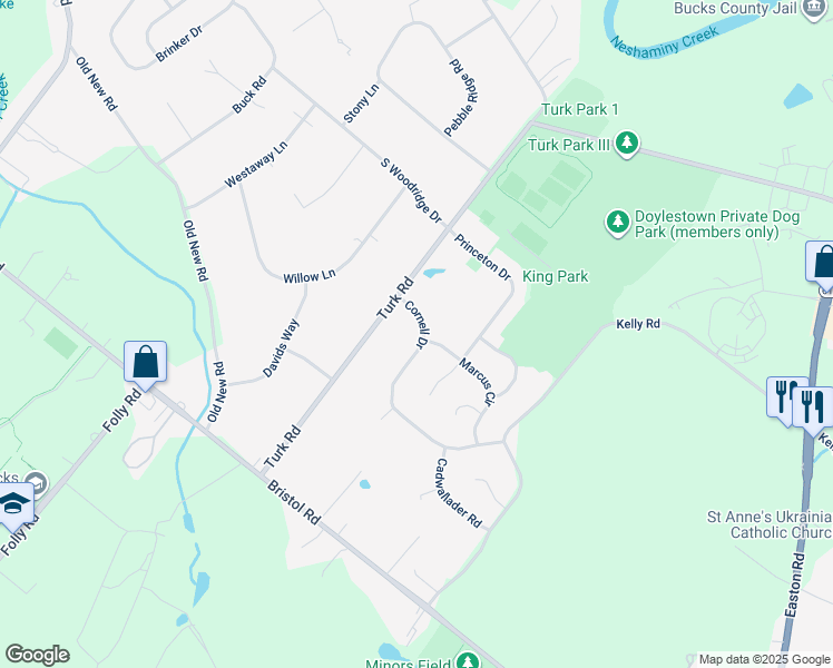 map of restaurants, bars, coffee shops, grocery stores, and more near 539 Cornell Drive in Warrington