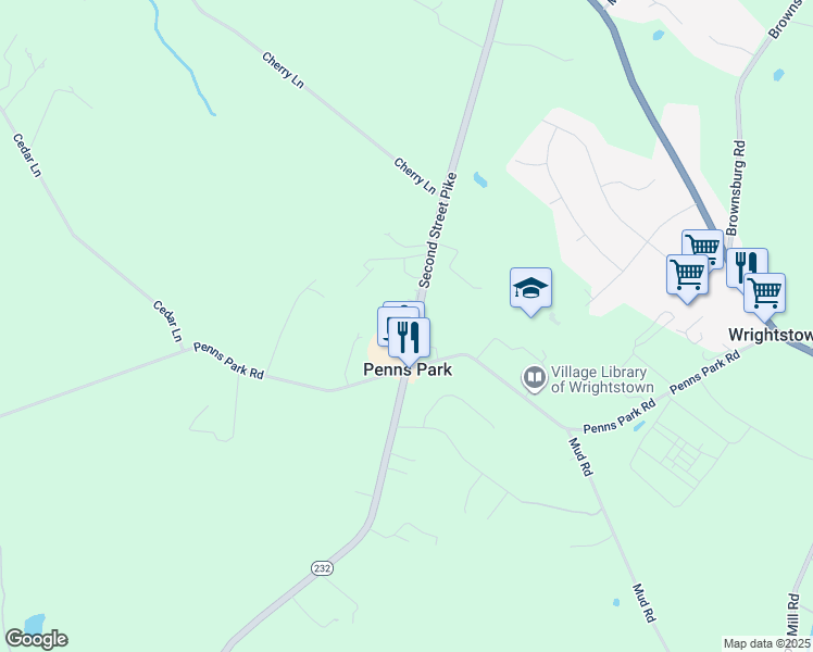 map of restaurants, bars, coffee shops, grocery stores, and more near 2352 Second Street Pike in Penns Park