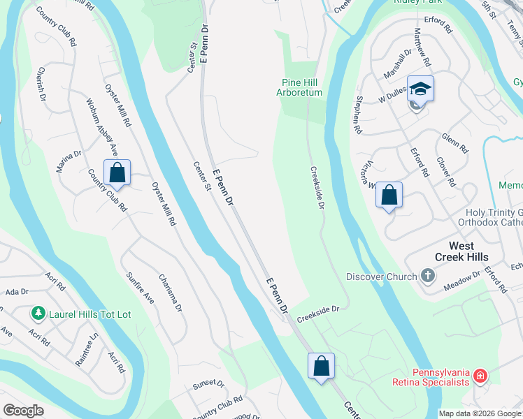 map of restaurants, bars, coffee shops, grocery stores, and more near East Penn Drive in Enola