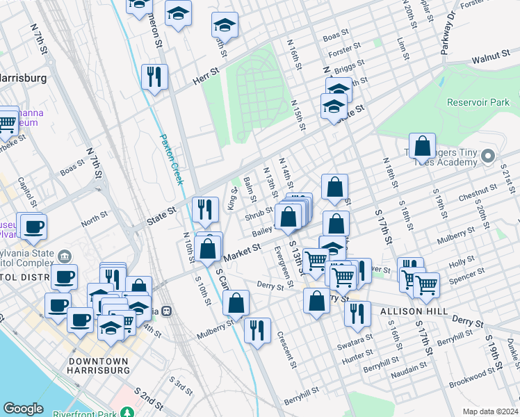 map of restaurants, bars, coffee shops, grocery stores, and more near 51 Balm Street in Harrisburg