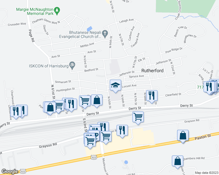 map of restaurants, bars, coffee shops, grocery stores, and more near 6506 Locust Avenue in Harrisburg