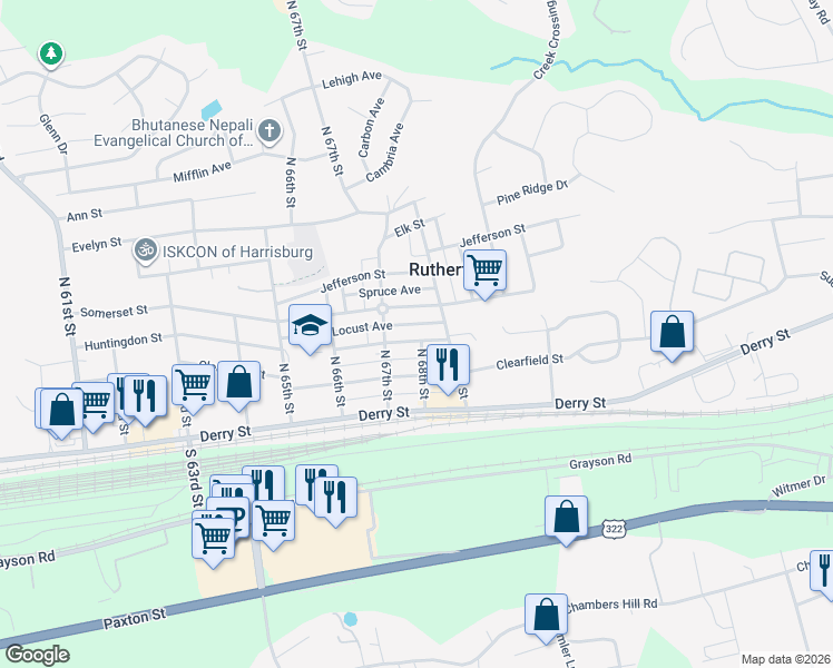 map of restaurants, bars, coffee shops, grocery stores, and more near 6764 Huntingdon Street in Harrisburg