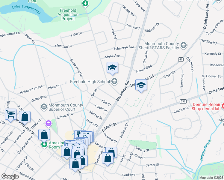 map of restaurants, bars, coffee shops, grocery stores, and more near 15 Robertsville Road in Freehold