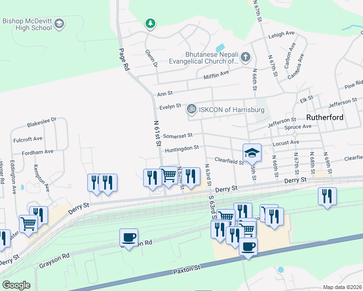 map of restaurants, bars, coffee shops, grocery stores, and more near 6221 Somerset Street in Harrisburg