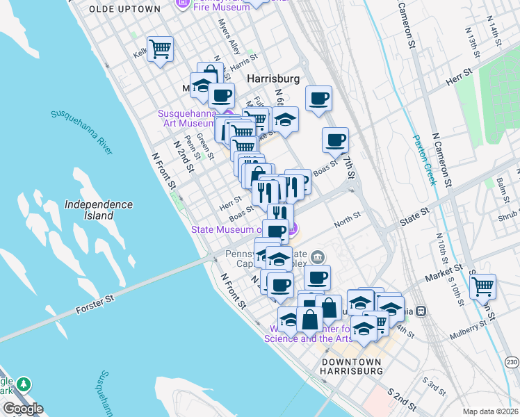 map of restaurants, bars, coffee shops, grocery stores, and more near in Harrisburg