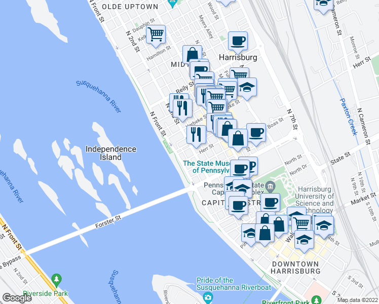 map of restaurants, bars, coffee shops, grocery stores, and more near 116 Cumberland Street in Harrisburg