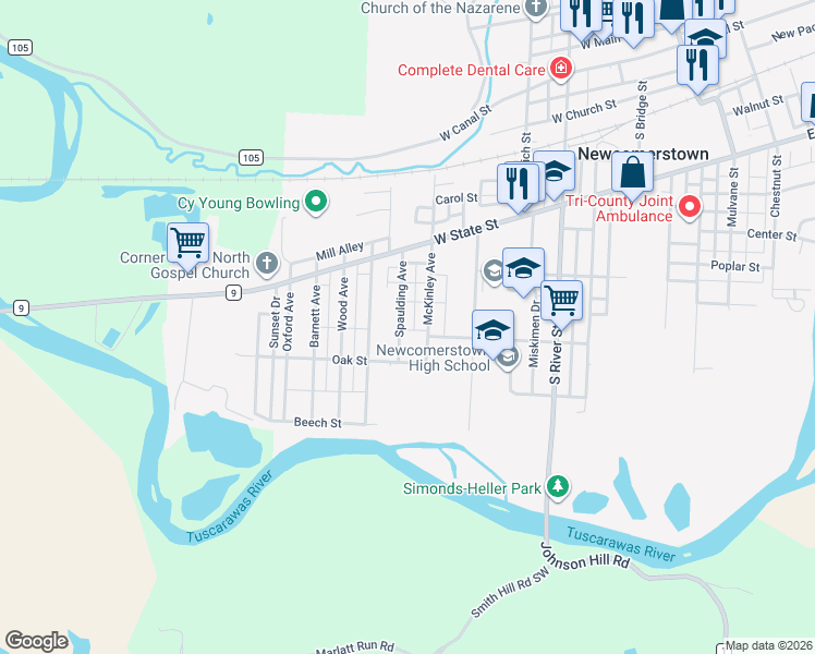 map of restaurants, bars, coffee shops, grocery stores, and more near 483 Spaulding Avenue in Newcomerstown