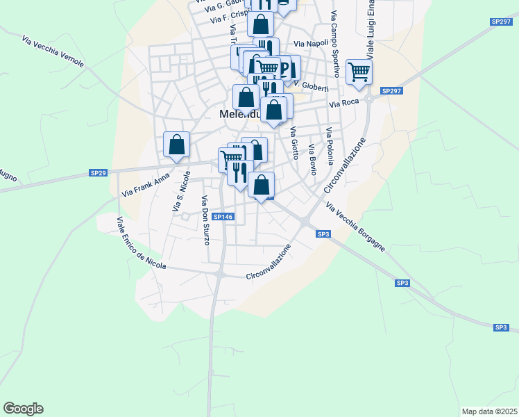 map of restaurants, bars, coffee shops, grocery stores, and more near SP29 in Melendugno