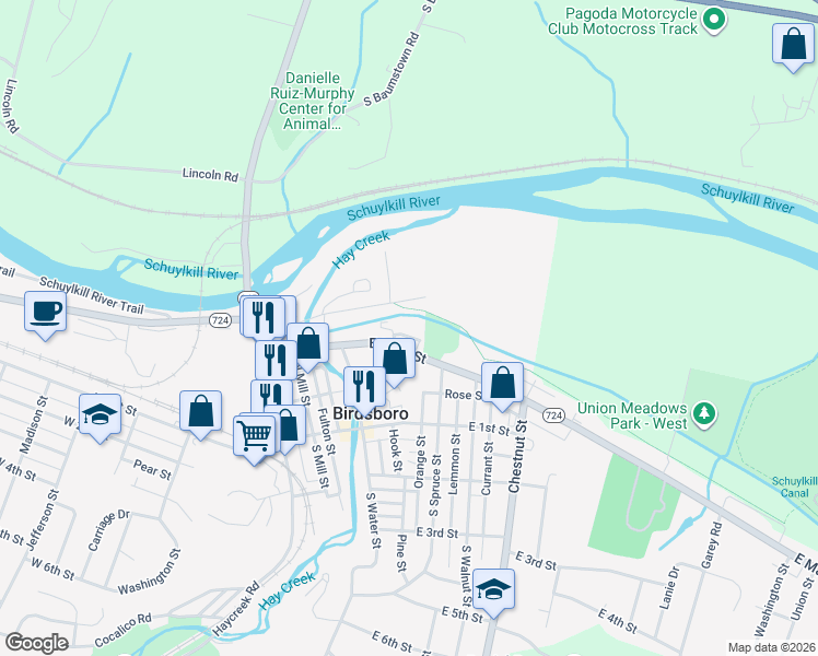 map of restaurants, bars, coffee shops, grocery stores, and more near 507 Farmer Street in Birdsboro