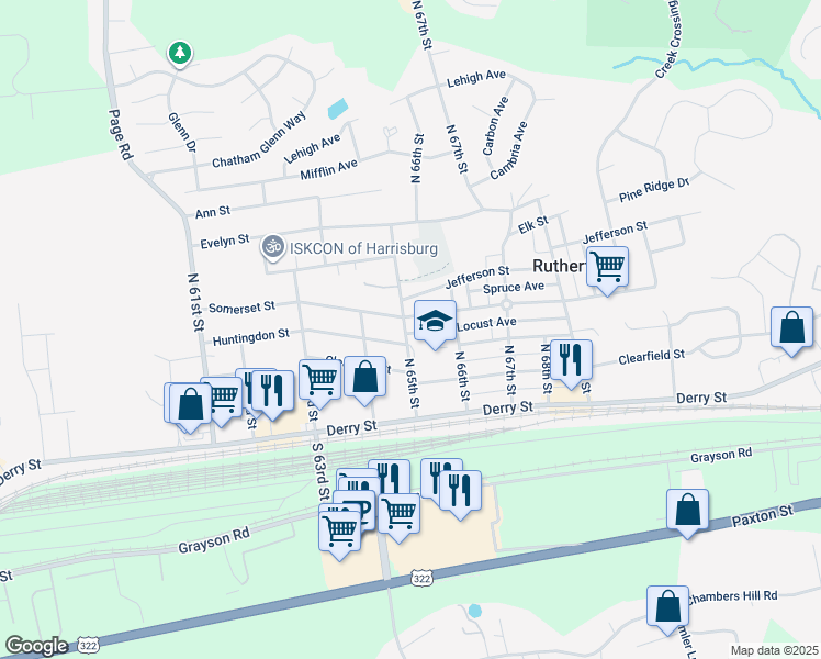 map of restaurants, bars, coffee shops, grocery stores, and more near 6504 Locust Street in Harrisburg