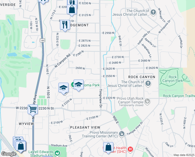 map of restaurants, bars, coffee shops, grocery stores, and more near 624 East 2550 North in Provo