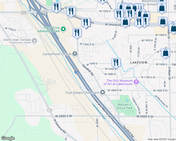 map of restaurants, bars, coffee shops, grocery stores, and more near 1611 Sandhill Road in Orem