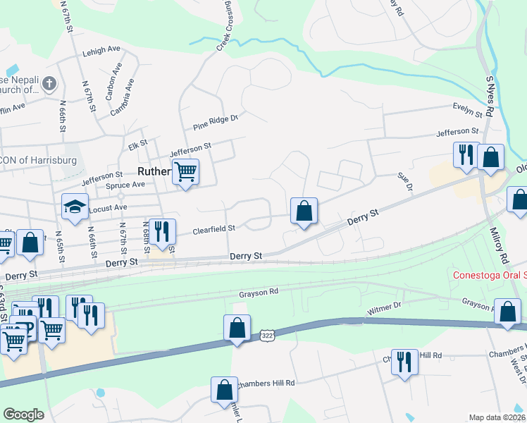 map of restaurants, bars, coffee shops, grocery stores, and more near 7249 Huntingdon Street in Harrisburg