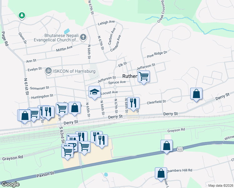 map of restaurants, bars, coffee shops, grocery stores, and more near 6705 Somerset Street in Harrisburg