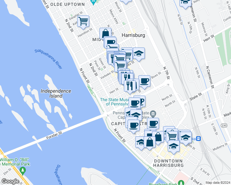 map of restaurants, bars, coffee shops, grocery stores, and more near 259 Herr Street in Harrisburg