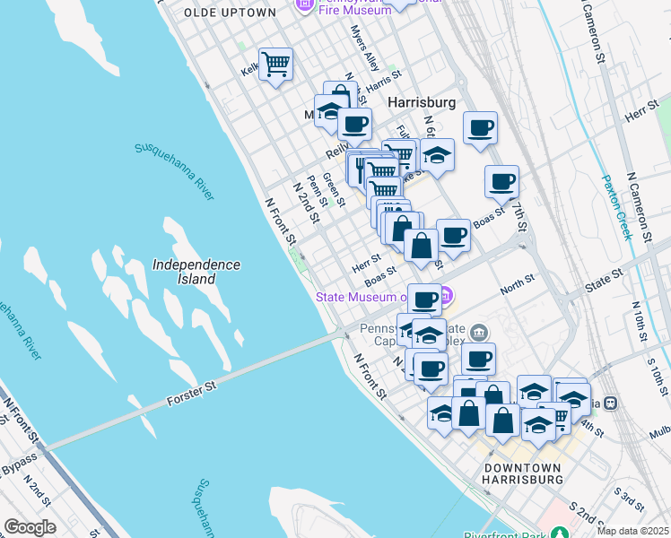 map of restaurants, bars, coffee shops, grocery stores, and more near 116 Cumberland Street in Harrisburg