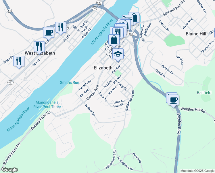 map of restaurants, bars, coffee shops, grocery stores, and more near 715 7th Avenue in Elizabeth