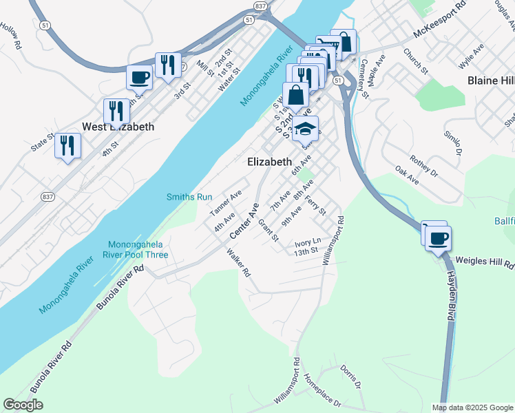map of restaurants, bars, coffee shops, grocery stores, and more near 824 6th Avenue in Elizabeth