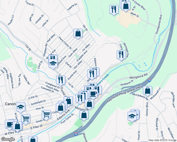 map of restaurants, bars, coffee shops, grocery stores, and more near 308 Perry Como Street in Canonsburg