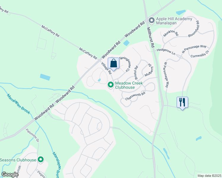 map of restaurants, bars, coffee shops, grocery stores, and more near 301 Village Road in Manalapan Township