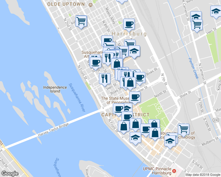 map of restaurants, bars, coffee shops, grocery stores, and more near 221 Herr Street in Harrisburg
