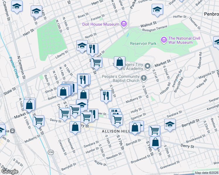 map of restaurants, bars, coffee shops, grocery stores, and more near 1803 Market Street in Harrisburg