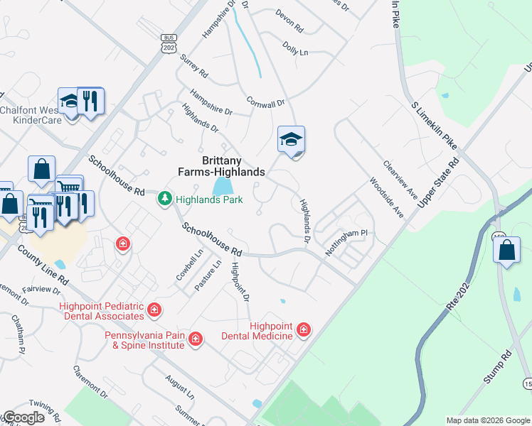 map of restaurants, bars, coffee shops, grocery stores, and more near 228 Inverness Circle in Chalfont