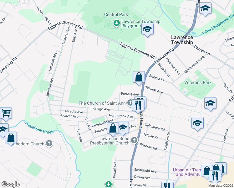 map of restaurants, bars, coffee shops, grocery stores, and more near 10 Rossa Avenue in Lawrence Township