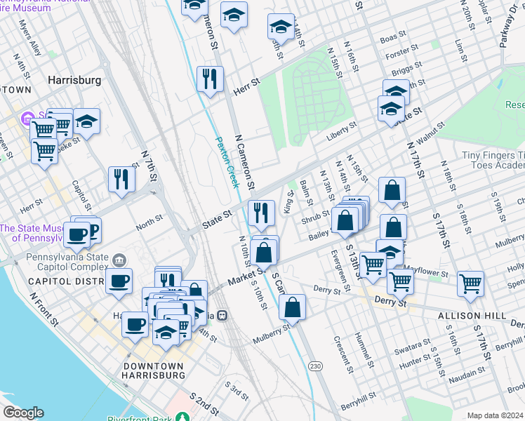 map of restaurants, bars, coffee shops, grocery stores, and more near 141 North Cameron Street in Harrisburg