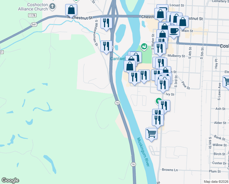map of restaurants, bars, coffee shops, grocery stores, and more near 9285 Ohio 16 in Coshocton