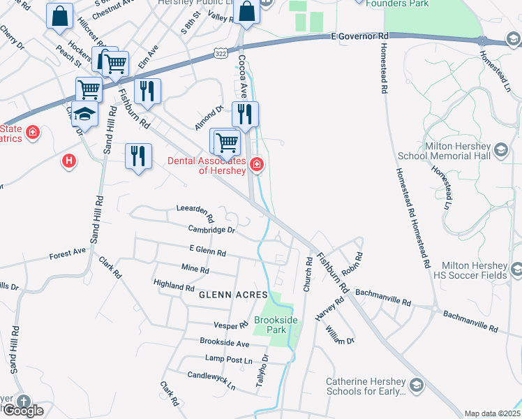 map of restaurants, bars, coffee shops, grocery stores, and more near Fishburn Road in Hershey