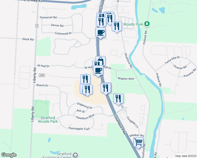 map of restaurants, bars, coffee shops, grocery stores, and more near 1740 Columbus Pike in Delaware