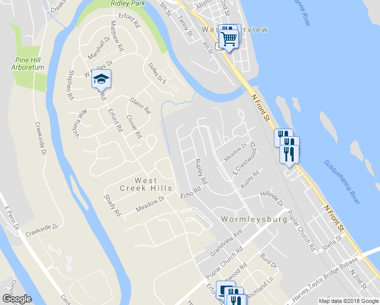 map of restaurants, bars, coffee shops, grocery stores, and more near 504 Kevin Court in Camp Hill