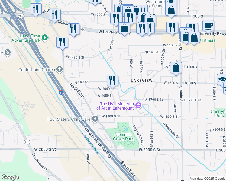 map of restaurants, bars, coffee shops, grocery stores, and more near 389 West 1640 South in Orem