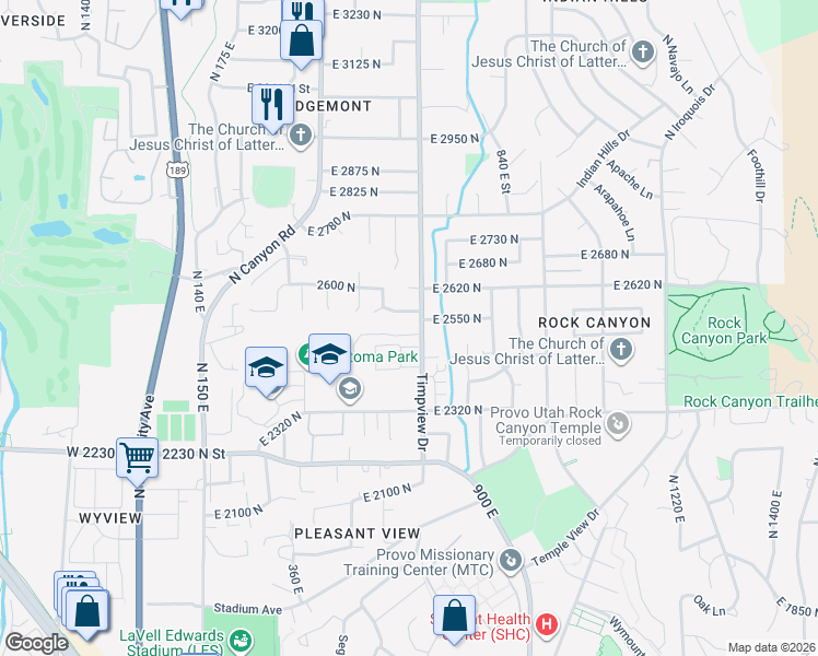 map of restaurants, bars, coffee shops, grocery stores, and more near 624 East 2550 North in Provo