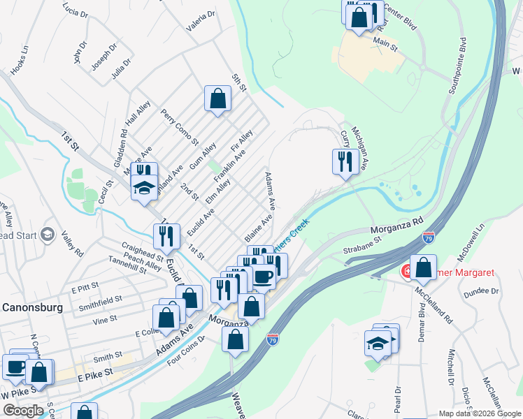 map of restaurants, bars, coffee shops, grocery stores, and more near 308 Perry Como Street in Canonsburg