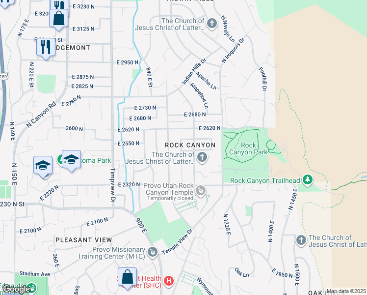 map of restaurants, bars, coffee shops, grocery stores, and more near 2522 North 1000 East in Provo