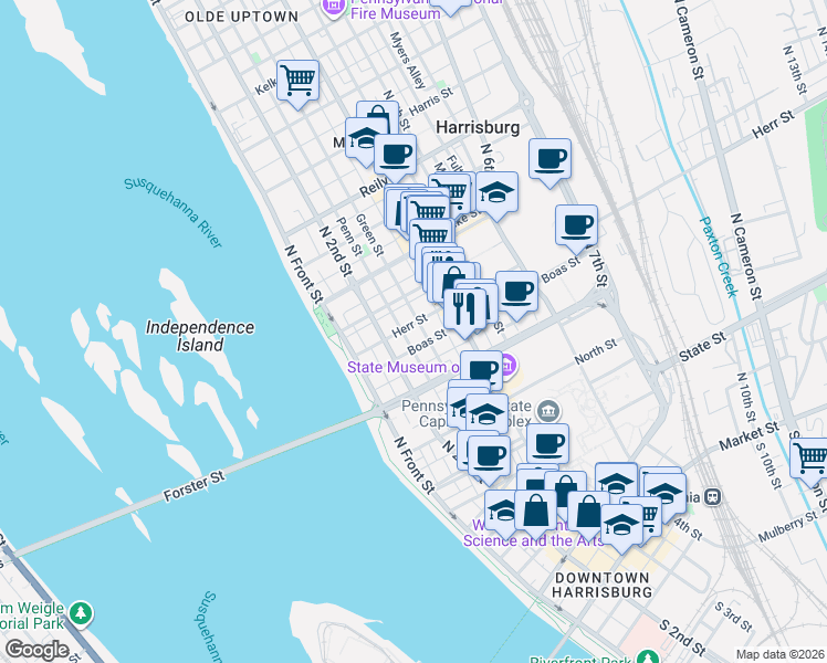map of restaurants, bars, coffee shops, grocery stores, and more near 259 Herr Street in Harrisburg