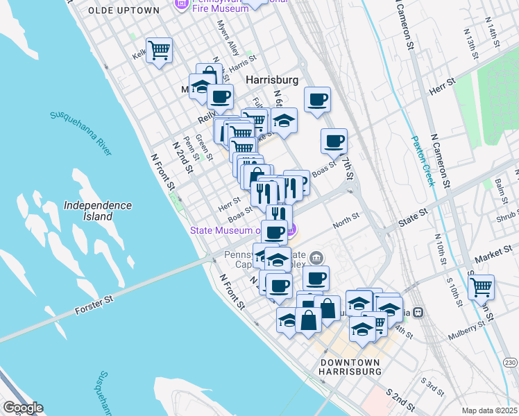 map of restaurants, bars, coffee shops, grocery stores, and more near 922 North 3rd Street in Harrisburg
