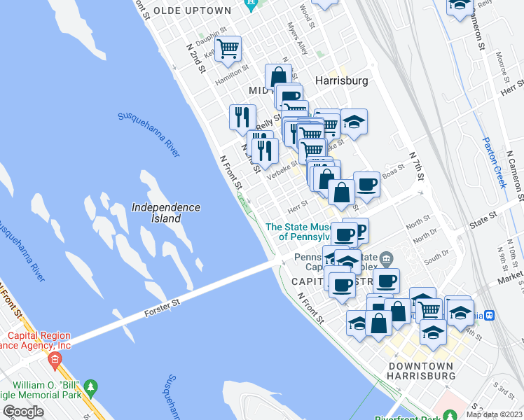 map of restaurants, bars, coffee shops, grocery stores, and more near 107 Cumberland Street in Harrisburg