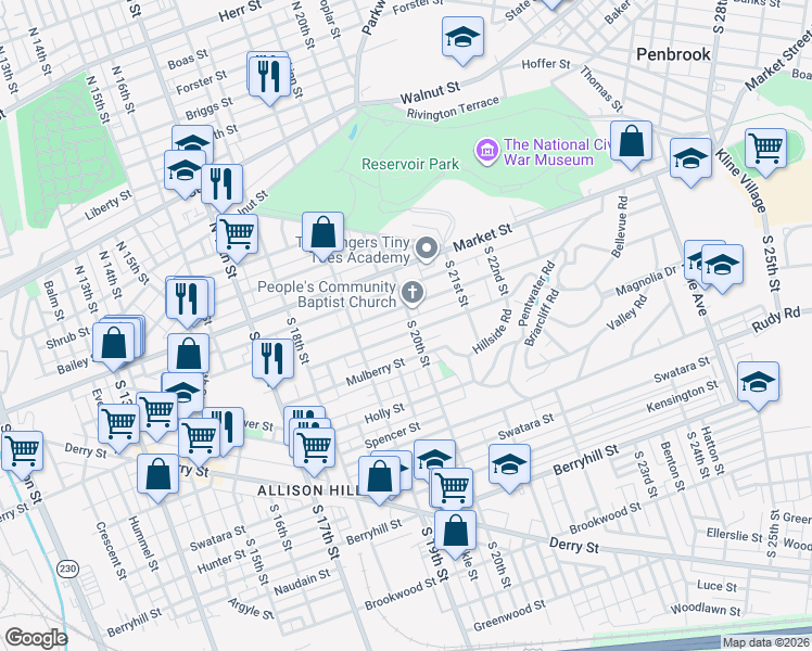 map of restaurants, bars, coffee shops, grocery stores, and more near 1961 Chestnut Street in Harrisburg