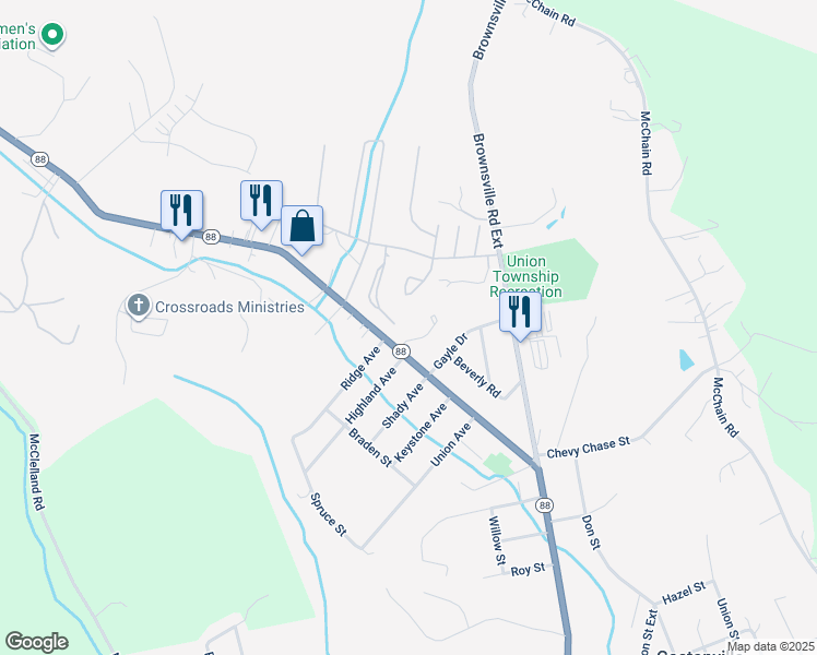 map of restaurants, bars, coffee shops, grocery stores, and more near 6100 Pennsylvania 88 in Finleyville