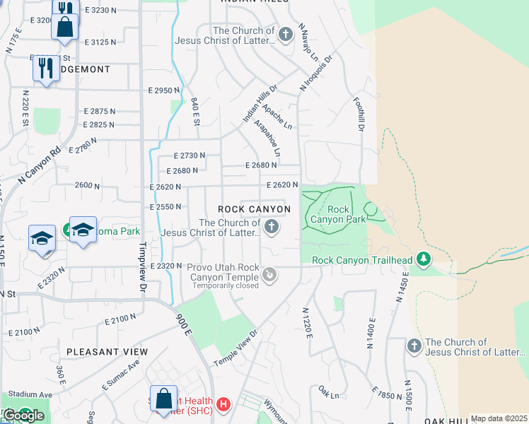 map of restaurants, bars, coffee shops, grocery stores, and more near 1077 East 2500 North Street in Provo