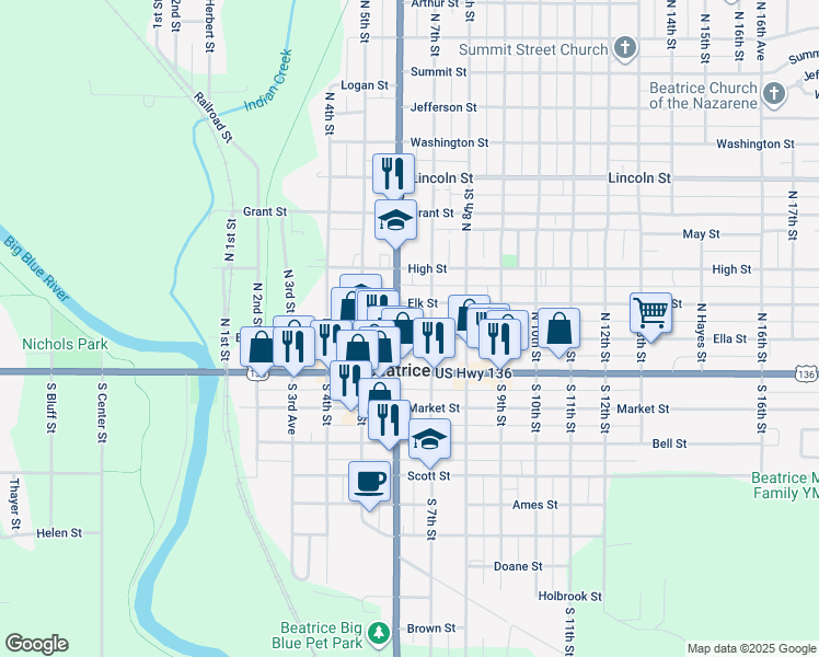 map of restaurants, bars, coffee shops, grocery stores, and more near 623 Elk Street in Beatrice