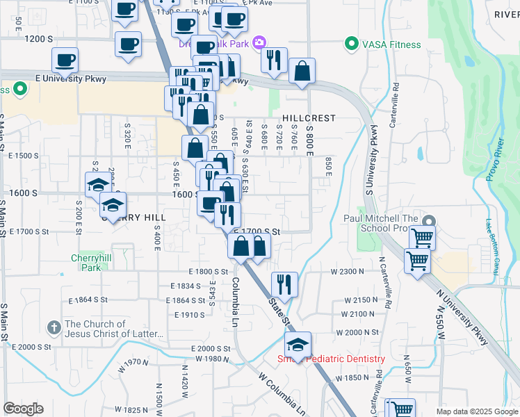 map of restaurants, bars, coffee shops, grocery stores, and more near 654 1600 south in Orem