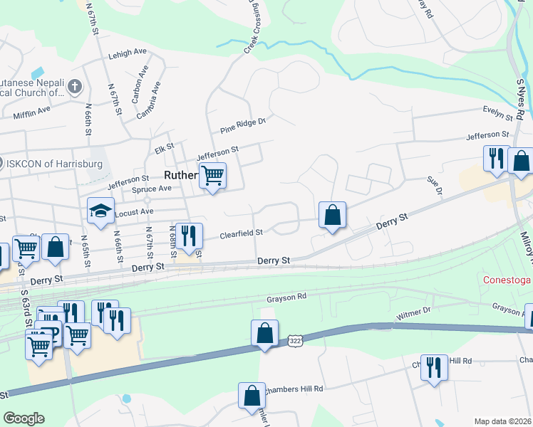map of restaurants, bars, coffee shops, grocery stores, and more near 7206 Huntingdon Street in Harrisburg