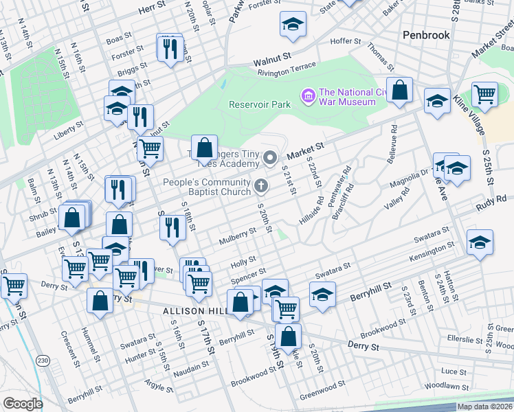 map of restaurants, bars, coffee shops, grocery stores, and more near 1961 Chestnut Street in Harrisburg